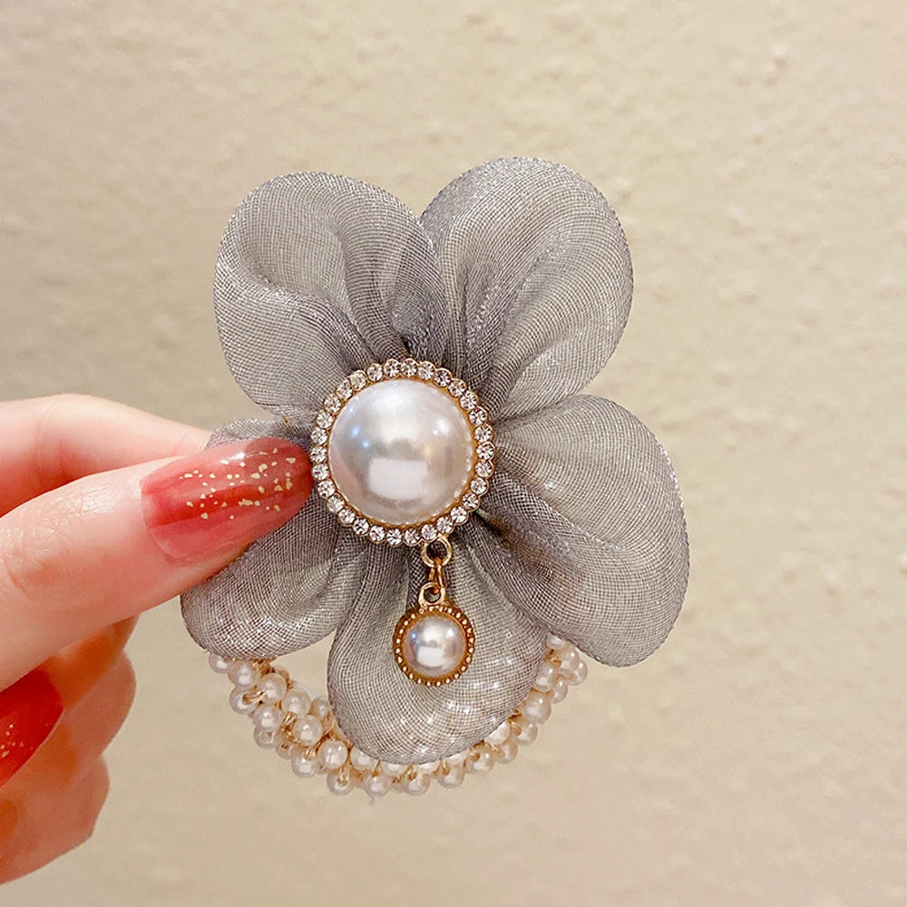 Flower Rhinestone Pearl Hair Elastics Ties Korean Version Headband Ponytail Hair Holder Hair Accessories for Girl and Women