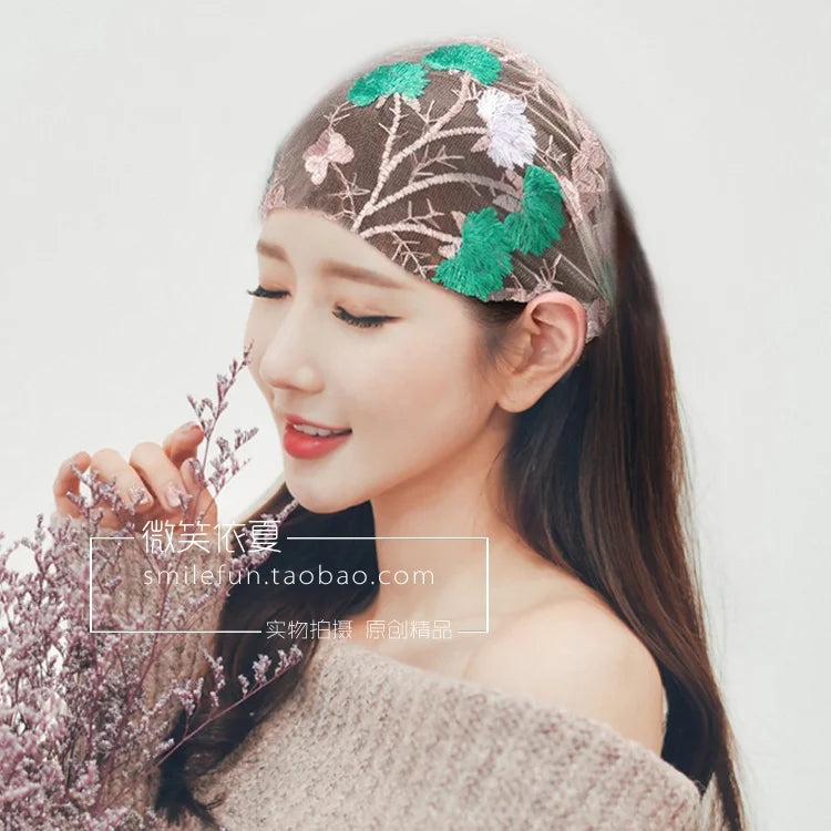 New Wide Headband for Women Ethnic Embroidery Flower Mesh Wide Edge Headbands Hibiscus Mutabilis Lace Bandaba Turban Headwear