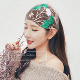 New Wide Headband for Women Ethnic Embroidery Flower Mesh Wide Edge Headbands Hibiscus Mutabilis Lace Bandaba Turban Headwear