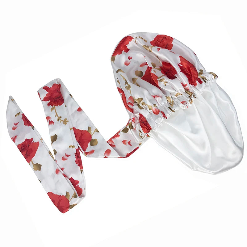 Soft Silky Print Satin Bonnet for Women Large Nightcap with Long Satin Ribbon Tie Band Bonnet Adjustable Wide Band Head Wrap Hat
