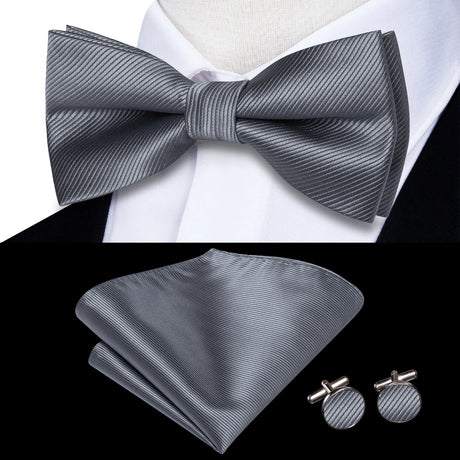 Hi-Tie Black White Silver Grey Brown Silk Mens Bow Tie Hankerchief Cufflinks Set Pre-tied Butterfly Knot Adjustable Bowtie Male