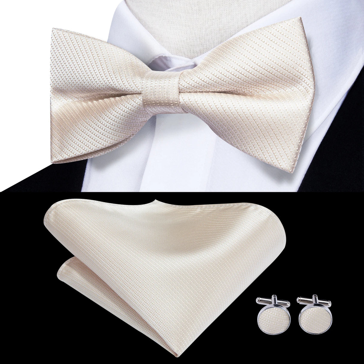 Dropshipping Solid Silk Mens Bow Tie Hanky Cufflinks Set Pre-tied Butterfly Knot Bowtie Wholesale for Male Wedding Business