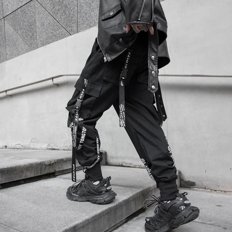 Stylish Techwear Men Cargo Pants  Hip Hop Streetwear High Street Jogger Male Trousers Ribbons Pockets Harem Pants for Male