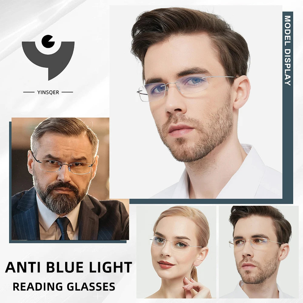 Titanium Reading Glasses Men High Quality Magnifying Presbyopic Eyeglasses Titanium Frames Anti Blue Light Rimless Glasses Men