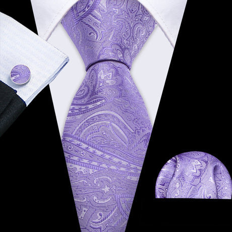 Male Gift Silk Men Tie Set Purple Violet Solid Paisley Striped Wedding Business Tie for Man Necktie Handky Cufflinks Barry.Wang