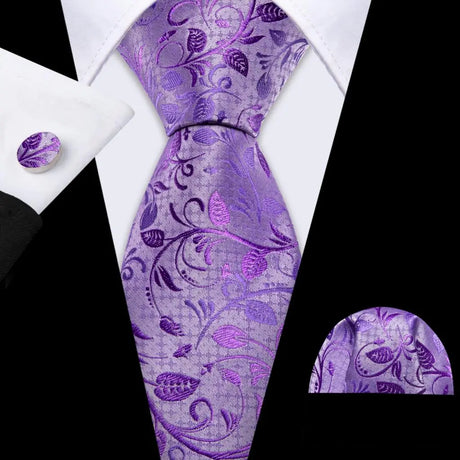 Barry.Wang Purple Lilac Lavender Silk Mens Tie Handkerchief Cufflink Set Jacquard Floral Necktie for Male Wedding Business Party