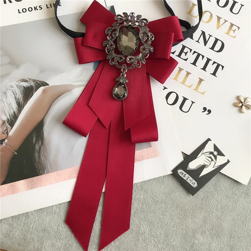 Rhinestone Bow Tie Women's Graduation Photo Student School Uniform Tie Ribbon Sweet Literary and Art Plaid Bowtie Collar Flower