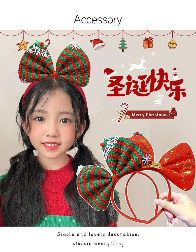 Navidad Bows Elastic Headbands for Adult Children's Hair Accessories Happy Christmas New Year Party Merry  Xmas Headdress Supply