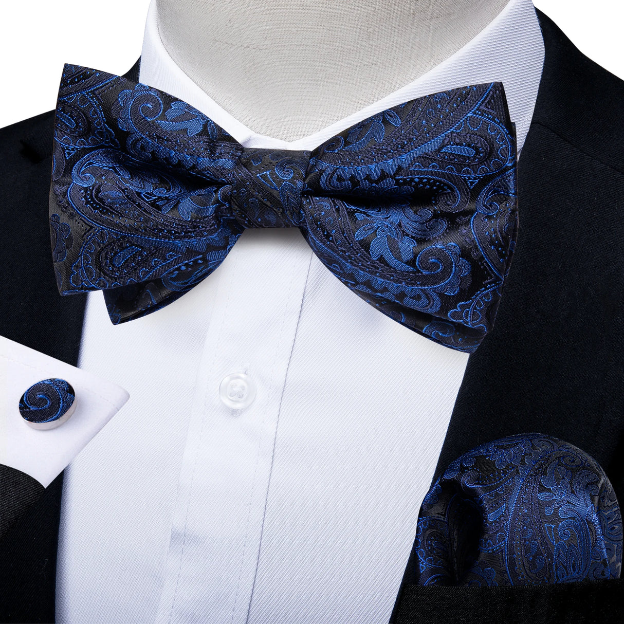 Classic Black Men Bow Ties 100% Silk Bowties Butterfly Pocket Square Cufflinks Set Suit Paisley Gold Pre-Tied Bow Tie DiBanGu