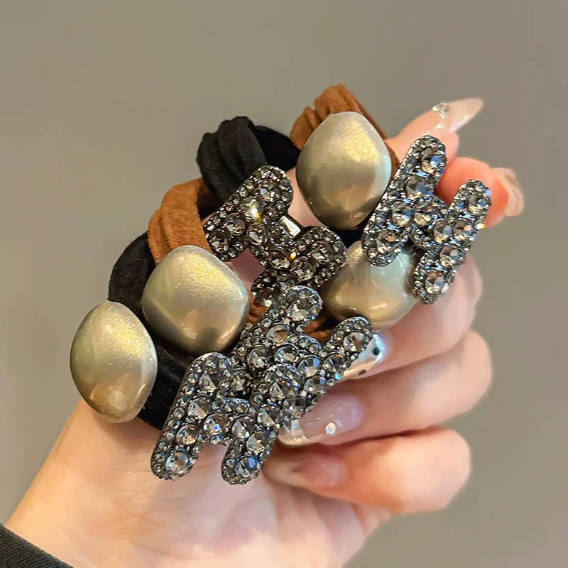 Exquisite Rhinestone Letter H Hair Rope Non-slip Ponytail Hair Rubber Band High Elastics Hair Ties for Women Girl Accessories