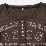 Black T-shirt Women Autumn Letter Print Streetwear Long Sleeves O-Neck Bodycon Sexy Top Button Fashion Casual Slim Tees Female