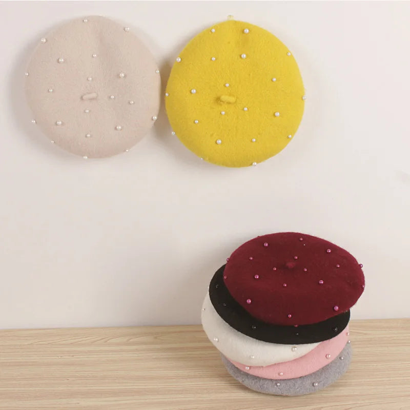 Wool Kids Winter Hat for Girls Retro Baby Beret Hats with Pearls Autumn Winter Kids Cap for Children Accessories 2-6Y