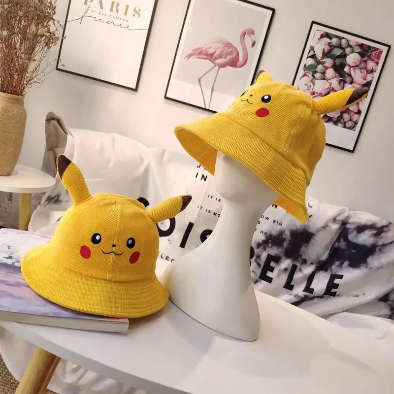 Anime Pika Bucket Hat Sun Hat with Ear Cute Cartoon Wide Brim Fisherman Beach Outdoor Baseball Hat Cap for Adult Kids Child