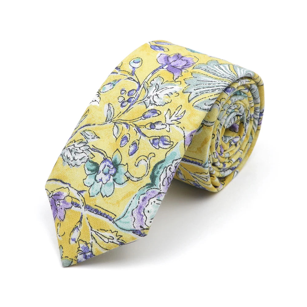 New Style Floral Printed 6cm Tie Blue Green Purple Skinny 100% Cotton Necktie For Men Women Wedding Party Suits Shirt Accessory