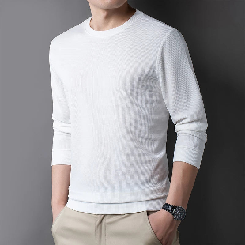 2024 Men's Casual Fashion Long Sleeved Round Neck T-shirt Waffle Comfortable Top