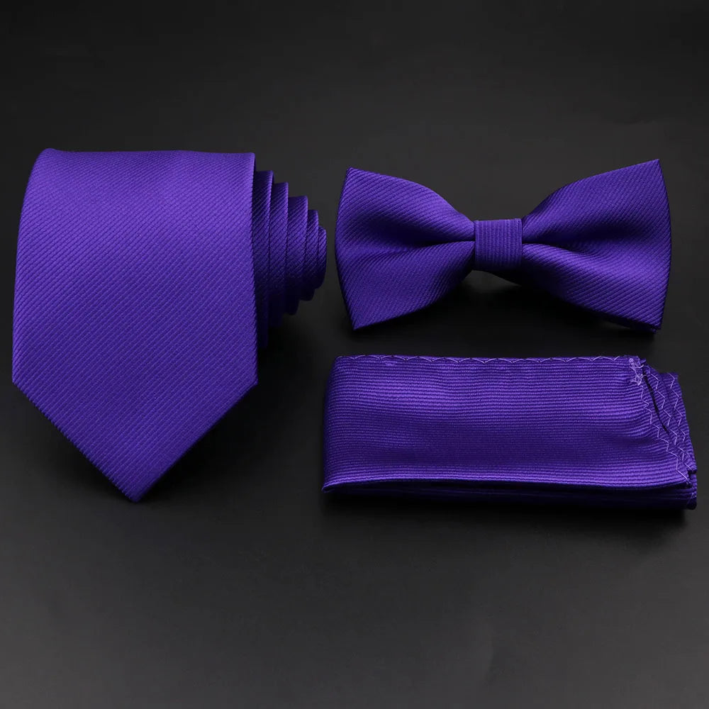 Hot Sale Red Blue Tie Set Polyester Slim Striped Necktie Bowtie Cufflink Brooch For Groom Suit Wedding Cravat Shirt Accessory