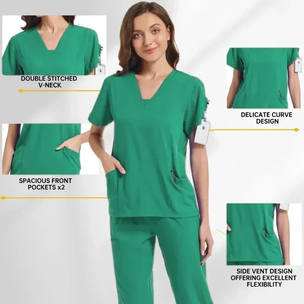 New Scrubs Set Medical Uniforms Stretch Scrub Tops with Pocket Pants Nurse Uniform Doctor Surgery Overalls Beauty Salon Workwear