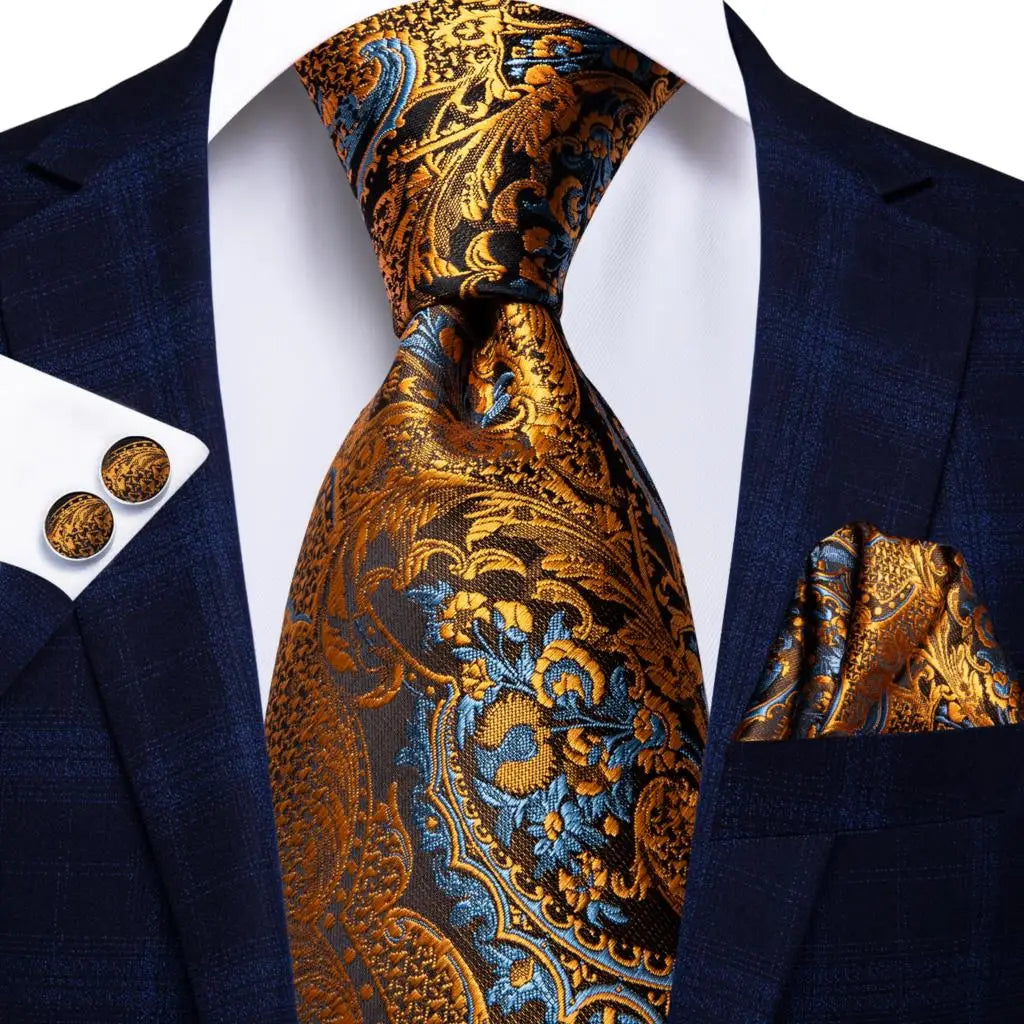 Hi-Tie Luxury Gold Orange Striped Paisley Silk Wedding Tie For Men Hanky Cufflink Gift Mens Necktie Business Party Dropshipping