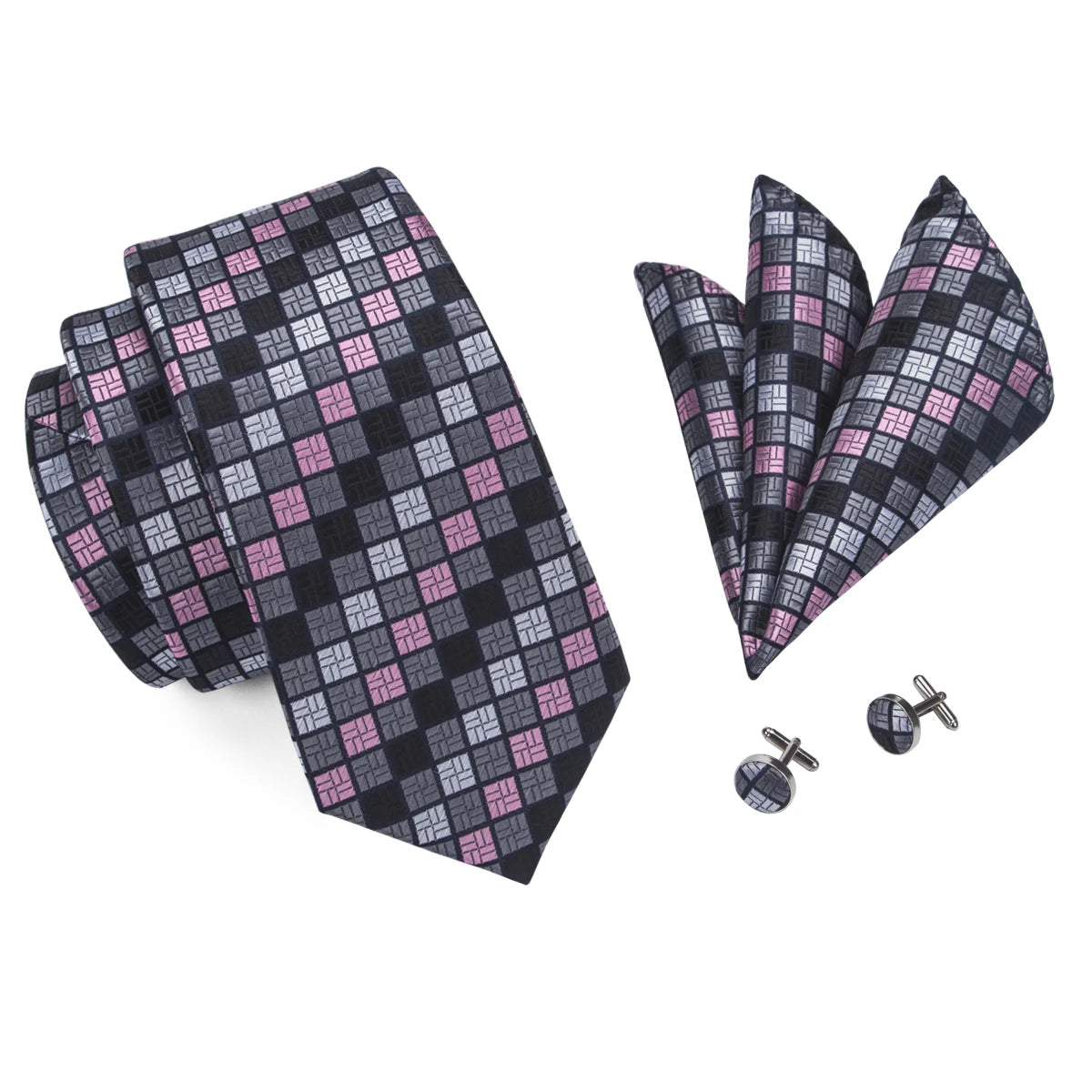 Hi-Tie Designer Grey Plaid Novelty Silk Wedding Tie For Men Handky Cufflink Gift Mens Necktie Fashion Business Party Dropshiping