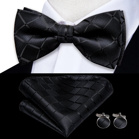 Hi-Tie Brand Silk Pre-tied Men's Bow Tie Hanky Cufflinks Set Bowtie for Male Jacquard Solid Paisley Floral Wedding Business Gift