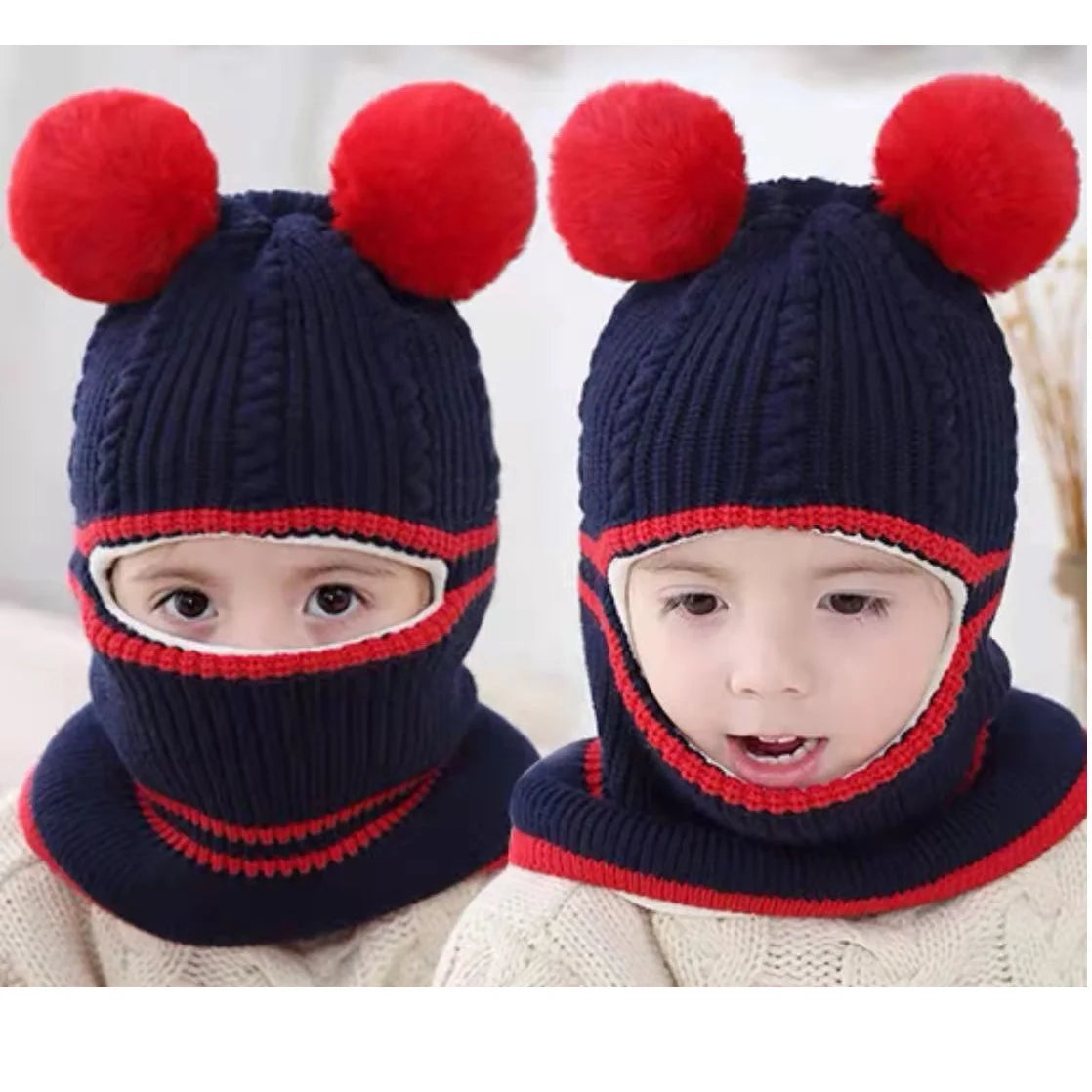 2-4year kid's knitted hat winter warm woolen hat  mask scarf one-piece