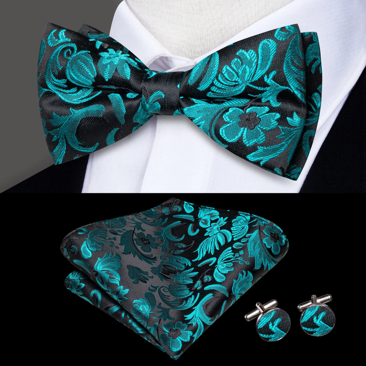 Hi-Tie Brand Silk Pre-tied Men's Bow Tie Hanky Cufflinks Set Bowtie for Male Jacquard Solid Paisley Floral Wedding Business Gift