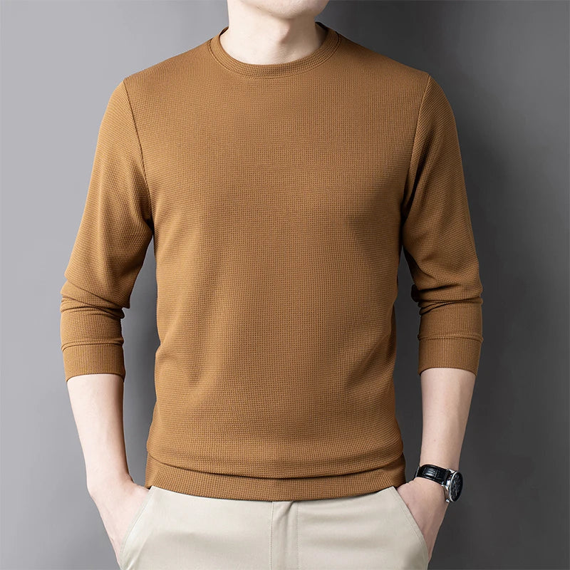 2024 Men's Casual Fashion Long Sleeved Round Neck T-shirt Waffle Comfortable Top