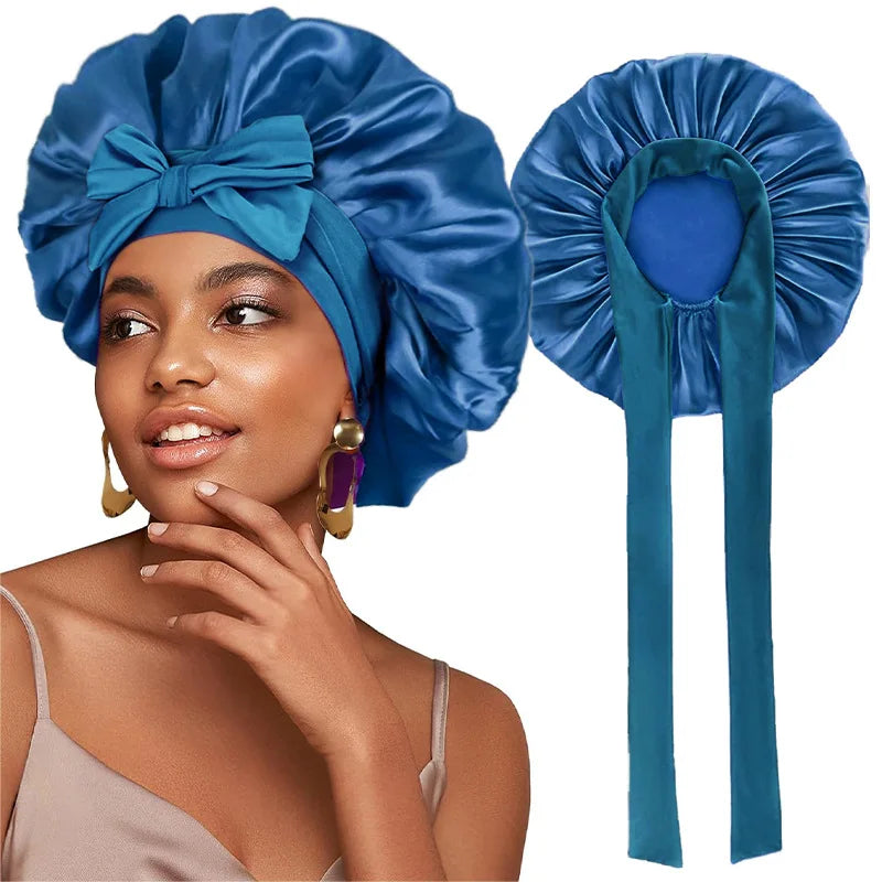 New Women Satin Bonnet Silky Sleep Cap Curly Hair Wrap For Sleeping Cap Adjustable Bonnets With Tie Band Nightcap Hair Care Cap