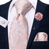 Paisley Pink Necktie With Brooch Silk Elegent Wedding Tie For Men Handky Cufflink Fashion Business Party Hi-Tie Designer