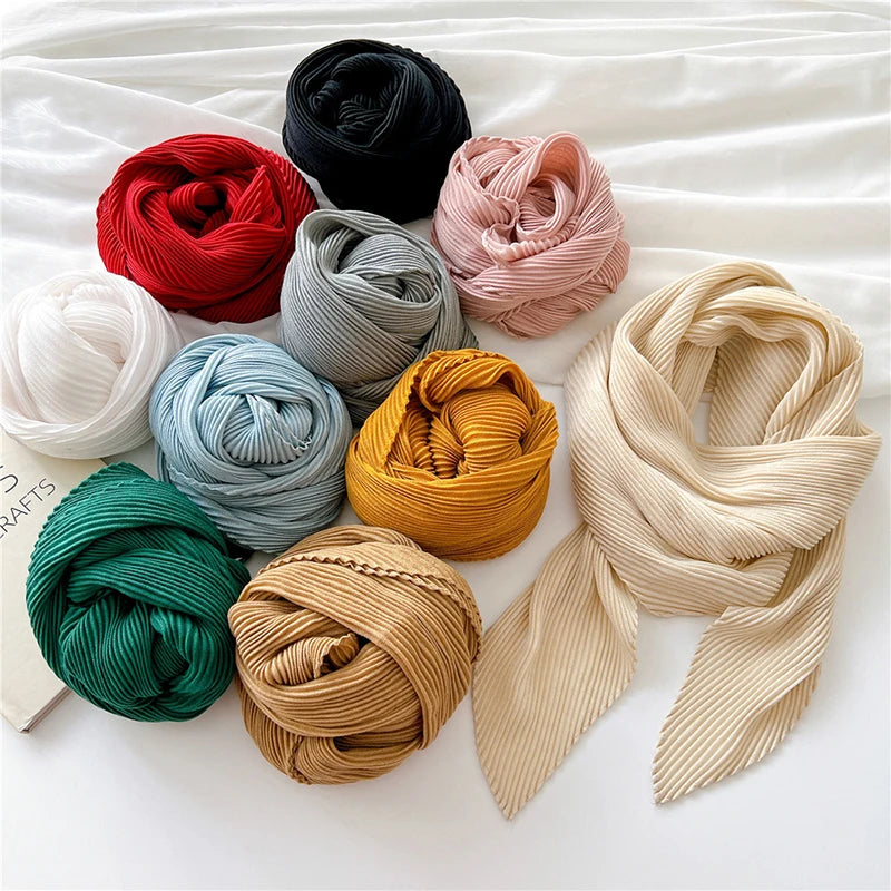 90cm Size Scarf Pleated Crinkle Women's Hijab Wrinkle Shawl Scarves Women Satin Scarf Neckerchief Square Skinny Hair Tie Band