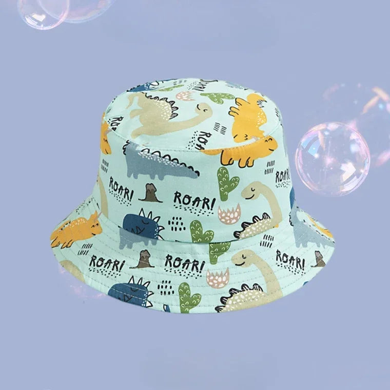 Cute Cartoon Printing Bucket Baby Hat Cotton Breathable Kids Fisherman Hat Infant Toddle Sun Hat with Drawstring for 1-5 Years