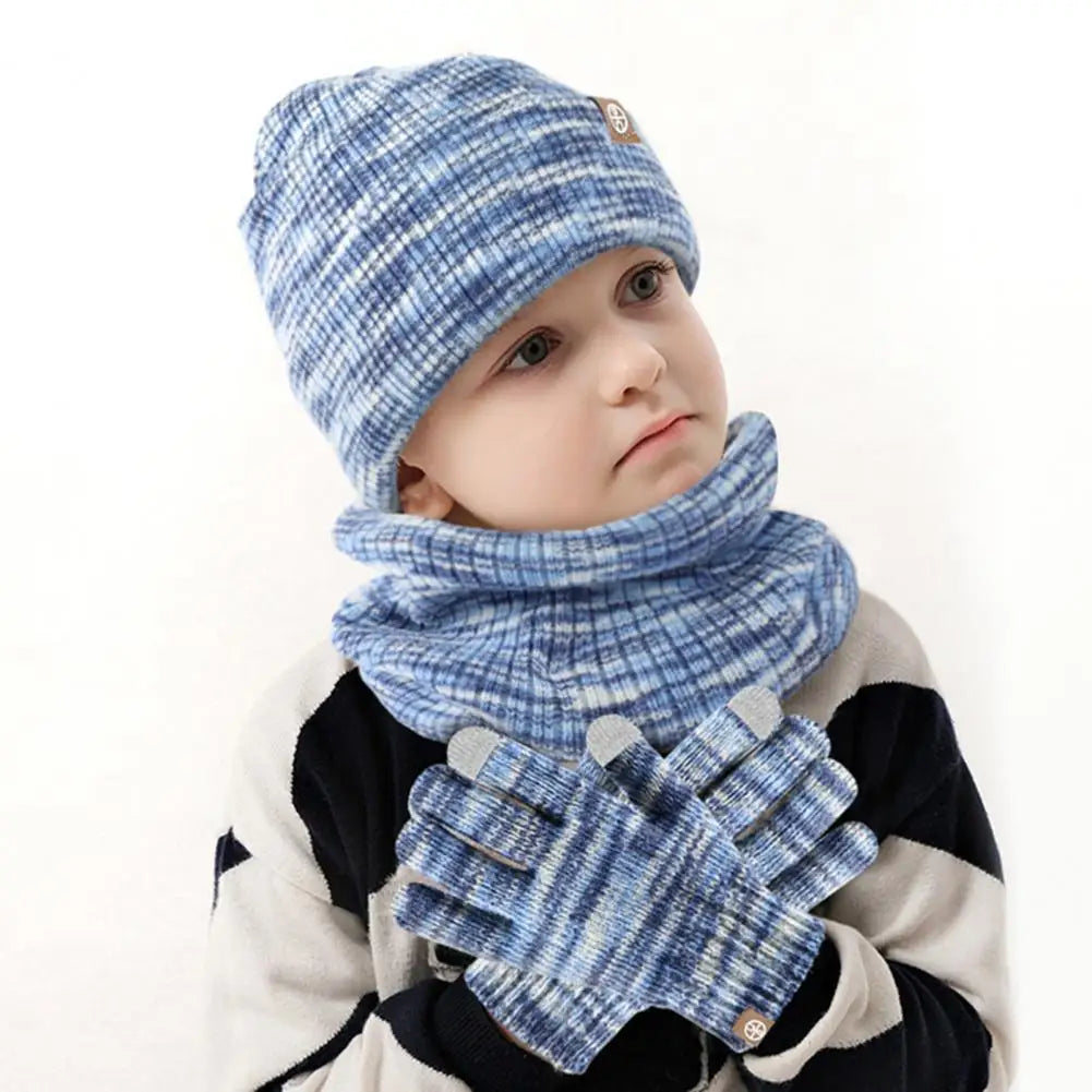 Children Cold Weather Hat Set Colorful Knitted Children's Winter Hat Scarf Gloves Set Soft Warm Windproof Outdoor for Cycling