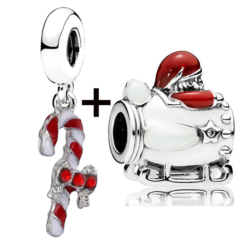 Buipoey 2pcs/lot Christmas Red Cane Gingerbread Man Charm Snowman Santa Beaded Sock Pendant DIY Beacelets jewelry Accessory Gift
