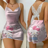 Mini Dress Pajama Skirt Hello Kitty Sexy Dresses Off Shoulder Bow Knot Satin Surface Womens Fashion Summer 2024 Short Party Lace