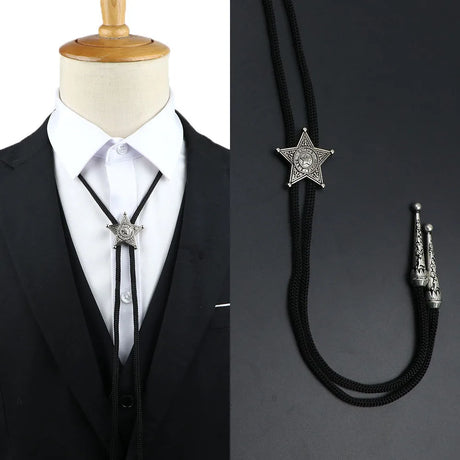 Vintage Bolo Tie Shirt Chain Cowboy Jazz Alloy Men Women Leather Rope Long Necklace Imitation Obsidian Sweater Chain Men Accesso