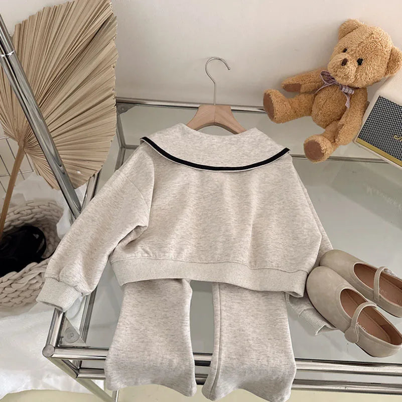 Ensemble deux pièces décontracté pour fille, style coréen, printemps-automne, col poupée, sweat à capuche et pantalon à manches longues, 3-7 ans