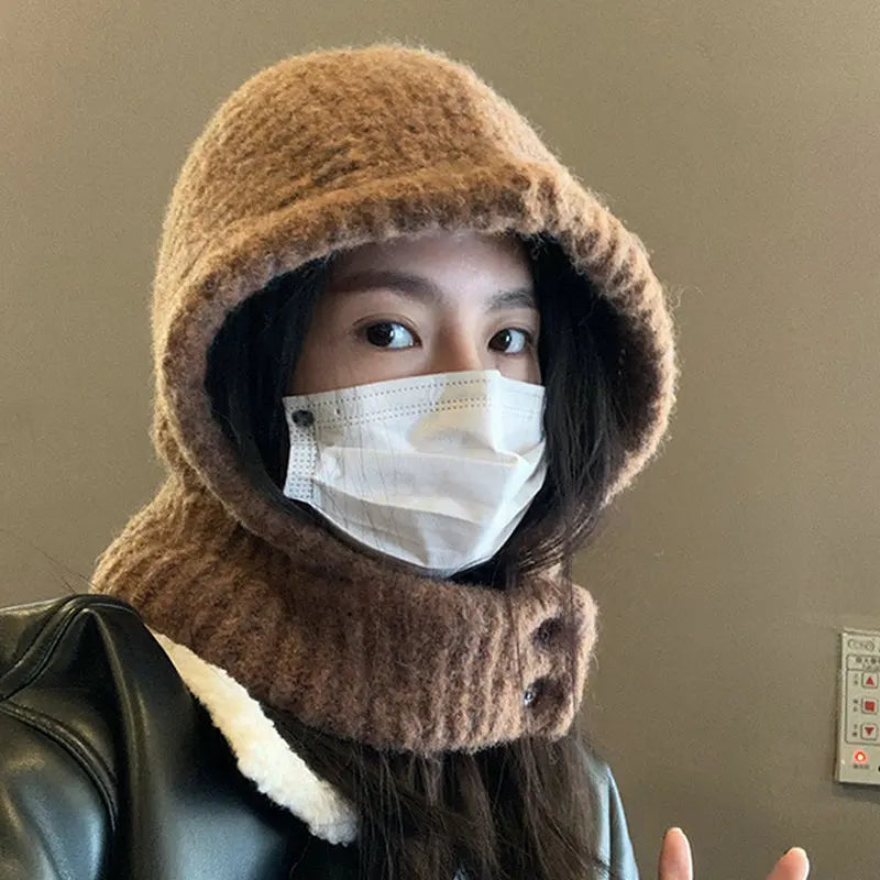 Winter Trendy Balaclava Hats for Men&Women Knitted Hooded Caps Thicken Windproof Drawstring One-Piece Neck Collar Beanies Cap