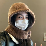 Winter Trendy Balaclava Hats for Men&Women Knitted Hooded Caps Thicken Windproof Drawstring One-Piece Neck Collar Beanies Cap