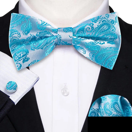 Barry.Wang Navy Royal Sky Blue Silk Mens Bow Tie Jacquard Paisley Floral Pre-Tied Bowtie Hanky Cufflinks Set Wedding Business