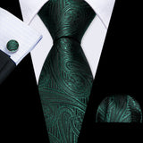 Luxury Silk Mens Ties Set Black Green Leaves Floral Neck Tie Handkerchief Cufflinks Set Wedding Business Party Barry·Wang 5938