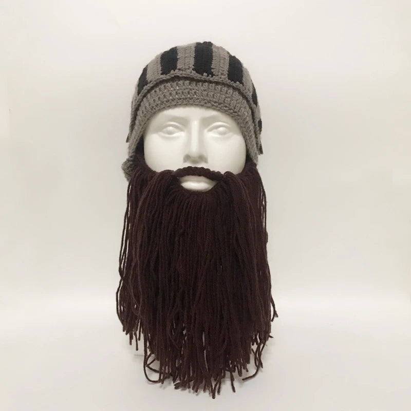 Red Tassel Cosplay Roman Knight Knit Helmet Men Cap Original Barbarian Handmade Winter Warm Beard Hats Funny Beanies Party Gifts