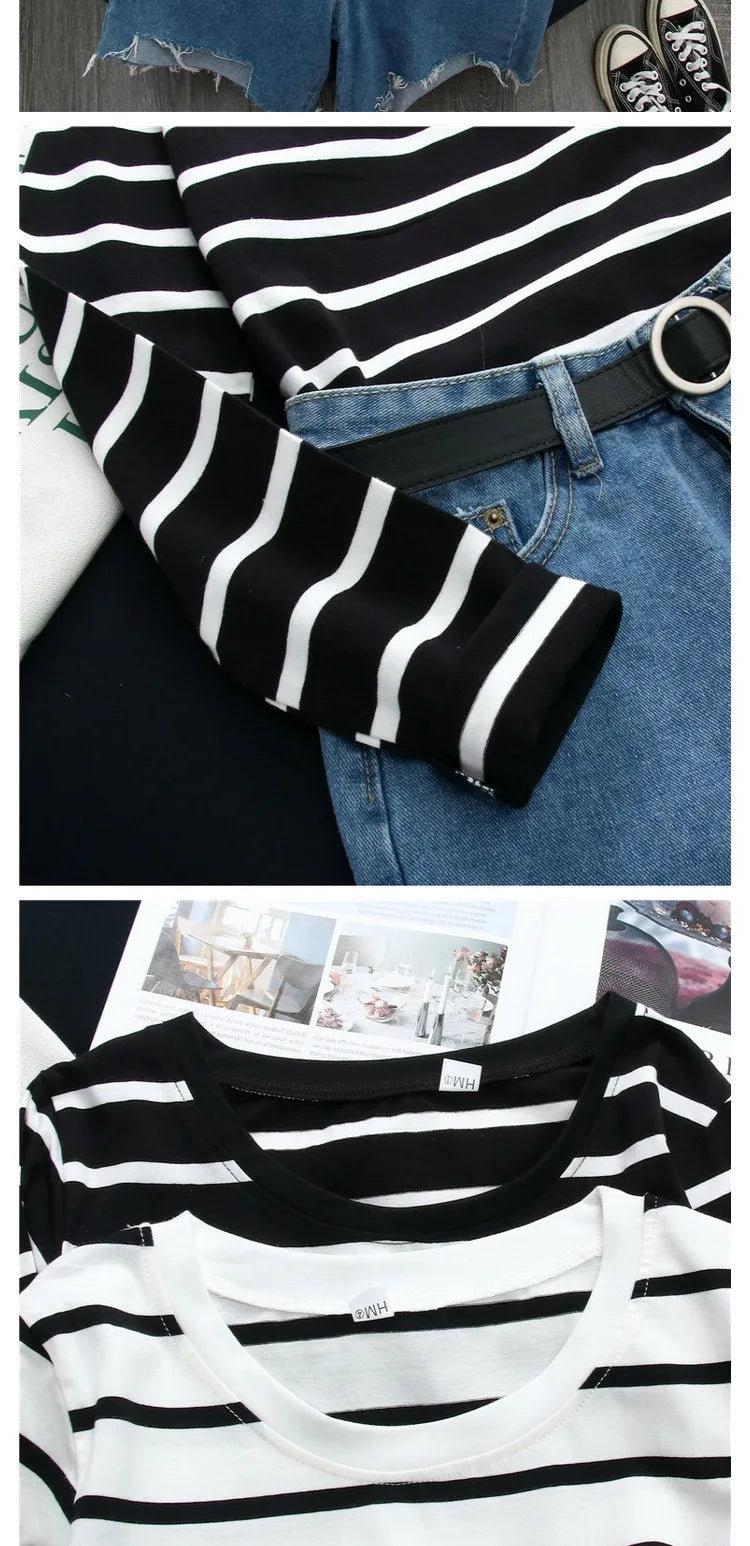 1PC Spring and Autumn Winter Black Striped Top with Foreign Style Ins Bottom Shirt Women Long Sleeve T-shirt