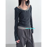 KUSAHIKI Sexy Retro Stripes Korean Versatile Slim Fit Long Sleeved Round Neck Base Shirt Short Spicy Girl Y2k Top 2024 New