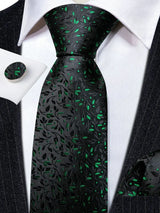 Luxury Silk Mens Ties Set Black Green Leaves Floral Neck Tie Handkerchief Cufflinks Set Wedding Business Party Barry·Wang 5938