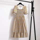 Summer Pleated Women Chiffon Dresses Casual Beach Holiday Short Sleeve Square Collar Woman Midi Dress Bohemian Mujer Vestidos
