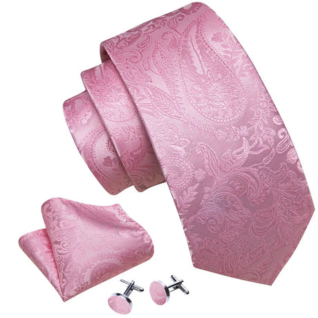 Elegant Pink Ties For Men Luxury Silk Stripe Pocket Square Cufflinks Set Fashion Male Necktie Groom Wedding Gift Barry.Wang 5090