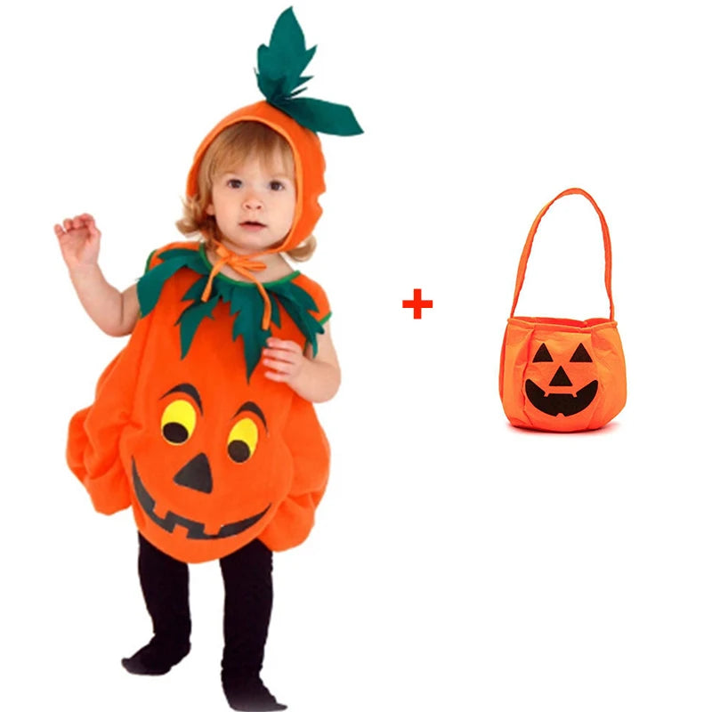 Kids Halloween Party Costume Romper with Hat Shoes Toddler Pumpkin One-Piece Boy Girl Baby Jumpsuit Cosplay Clothing Set 1-10T