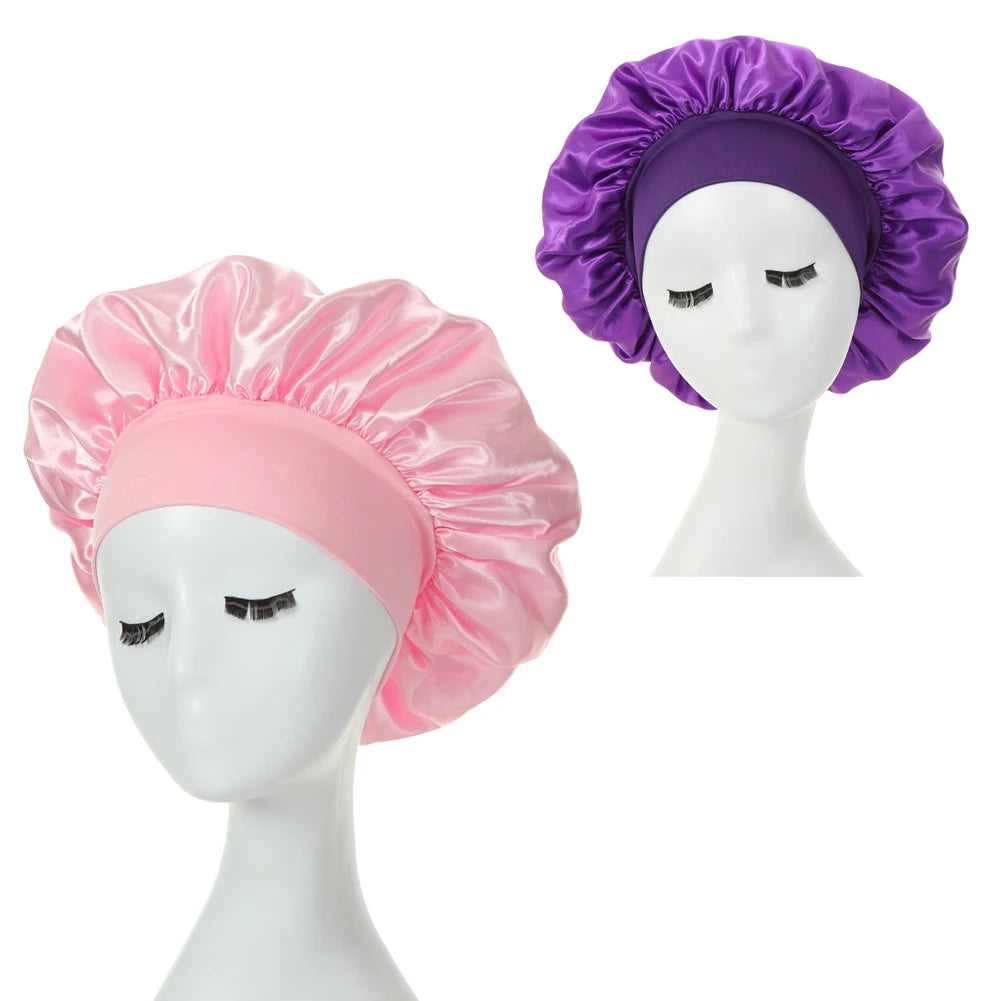 2PCS Milk Imitation Silk Wide Brim Satin Cloth Women's Hair Hat Bonnet Elastic Band Headwear bonnets for women