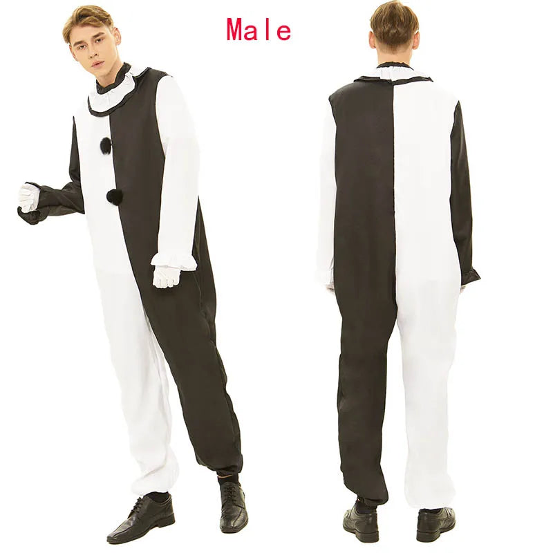 Terrifierr Cosplay Costume Female/Male Horror Carnival Party Skin-Tight Black White Killer Clowns Jumpsuit for Halloween Costume