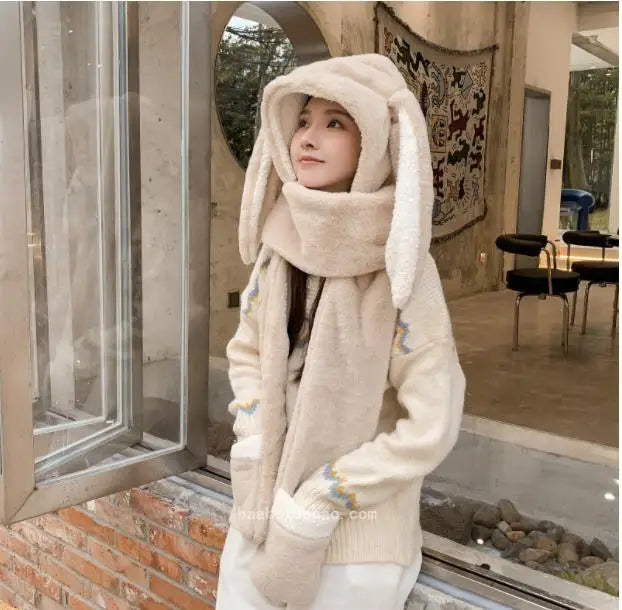 Hat Scarf Gloves all-in-one three-piece Winter Sweet Cute Rabbit Ears Plush Scarf Hat Outdoor Warm Cap